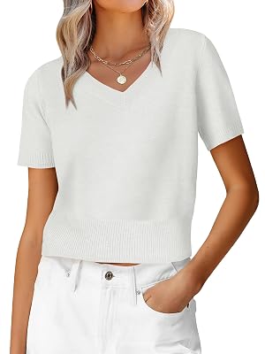 ANRABESS Womens Short Sleeve Sweaters Cropped V Neck Business Casual Lightweight Sweater Tops Summer Spring Clothes 2026