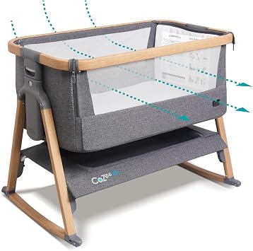 Tutti Bambini CoZee Air Bedside Sleeper & Baby Bassinet Bundle with Organic Cotton Bedding Starter Pack (Cocoon) Fast-Folding Co-Sleeper, Rocking Bassinet, Newborn Essentials (Oak & Charcoal)