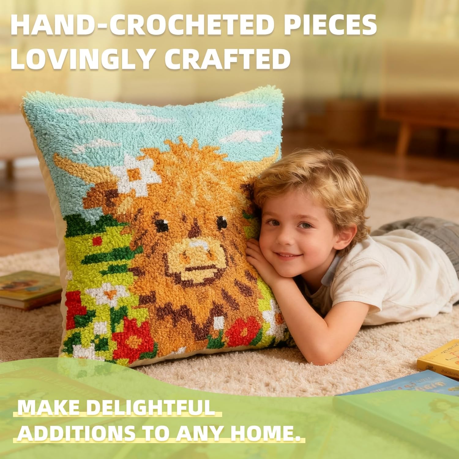 LUDOTEK Colorful Highland Cow Cattle Latch Hook Kits for Adults Beginners Cute Animals Latch Hook Pillow Kit Pre-Printed Latch Hook Rug Kits Cross-Stitch Embroidery Cushion for Home Sofa Decoration