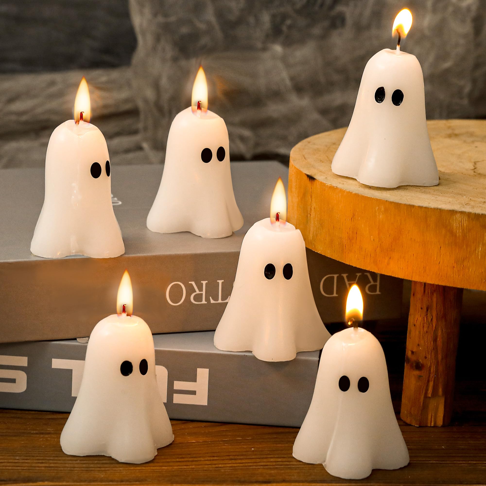 EBaokuup 6 PCS 2.3'' X 1.6'' Halloween Ghost Candles, White Ghost Decor Candles, Cute Burning Candle for Halloween Party Home and Table Decorations