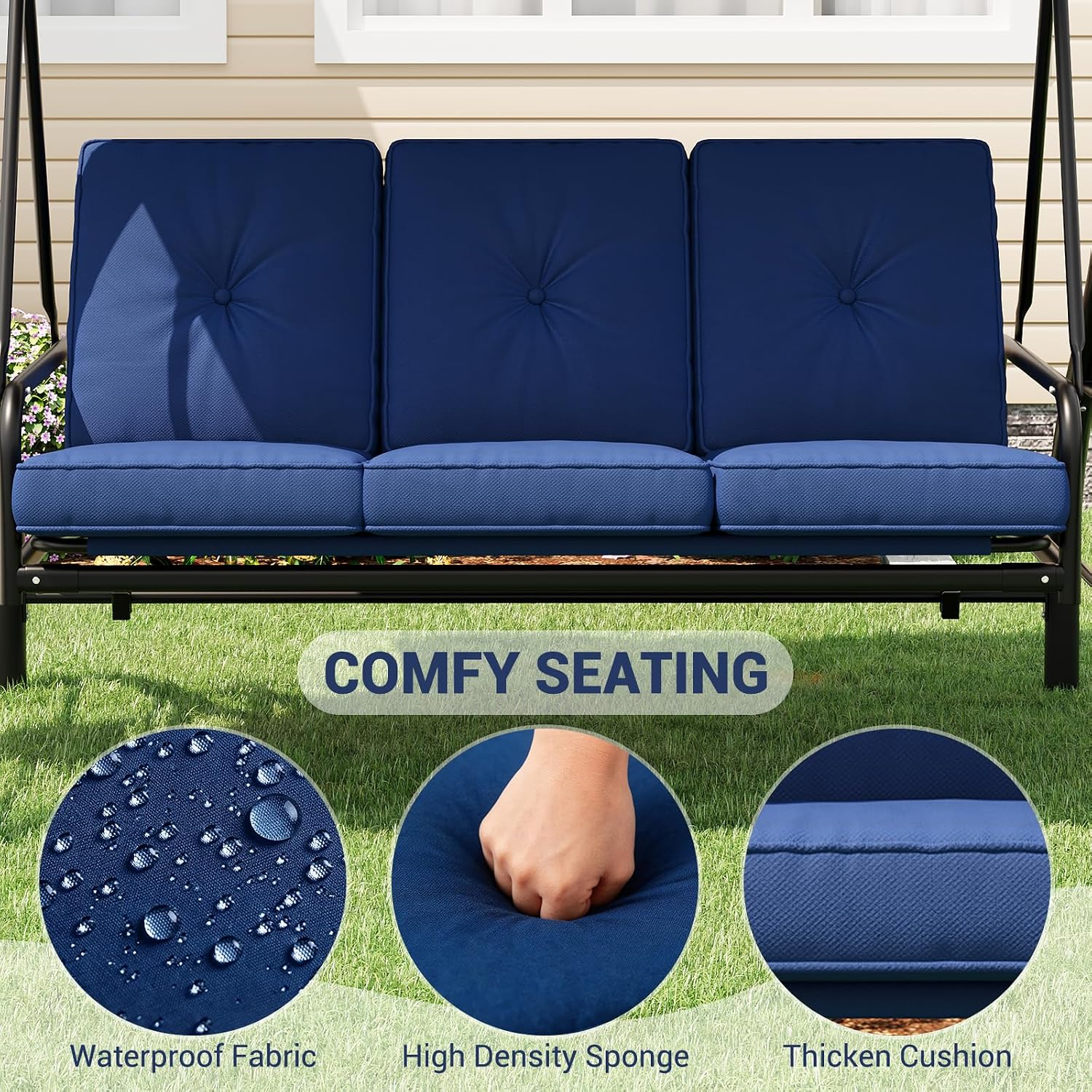 3-Seat Outdoor Porch Swing with Adjustable Canopy, Convertible Patio Swing Bed with Stand, Thick Cushions, Pillows & Cup Holders, Weather-Resistant Steel Frame for Backyard, Garden, Porch, Navy Blue
