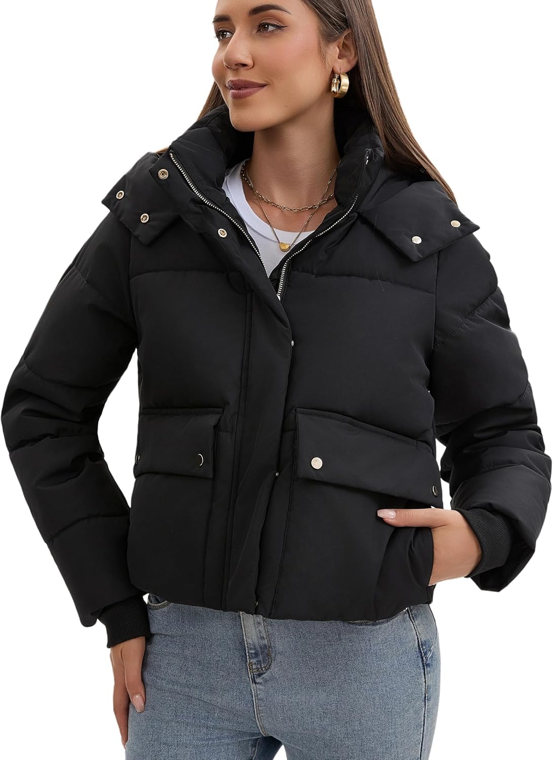 Women's Fleece Lined Puffer Jacket, Winter Warm Hooded Quilted Jacket, Water-Resistant Short Outerwear - Image 6