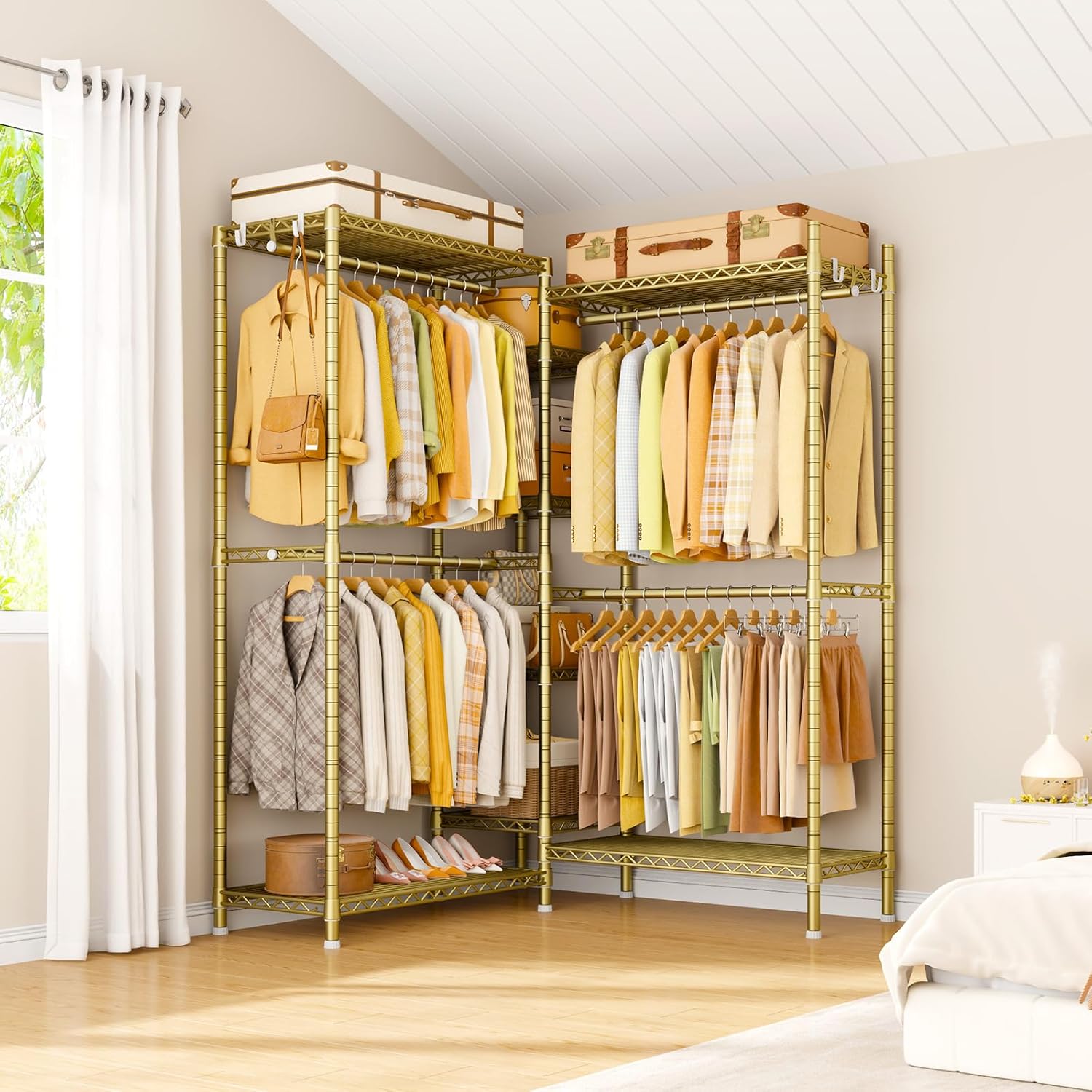 Ulif E4L Corner Clothes Rack, L Shaped Garment Rack, Heavy-Duty Freestanding Closet System with Shelves and Hangers, Max Load 962lbs, 42.7" W x 42.7" D x 79.3" H, Gold