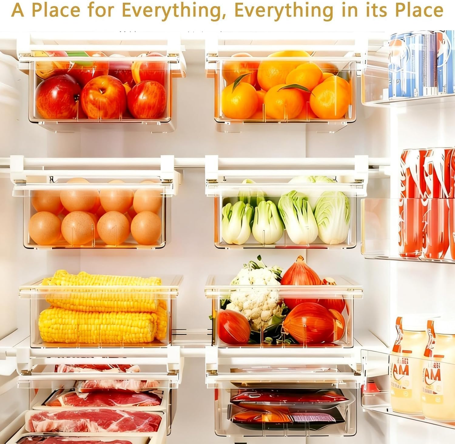 Refrigerator Drawer Organizers, Fridge Drawer Organizer, Pull Out with Handle, Clear Container for Food Drinks, Fit for Refrigerator Shelf Under 0.6 Inch, Easy to Install（1-Pack） - Image 4