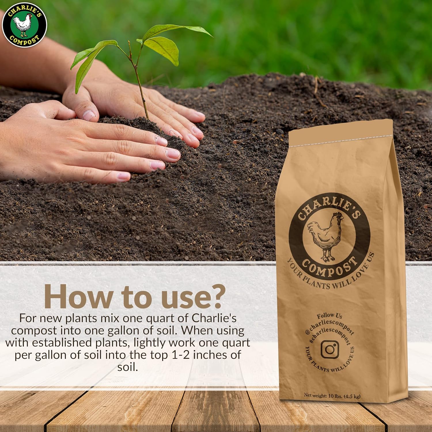 Charlie's Compost - Odor Free Organic Fertilizer for Home Gardens, Raised Beds, Containers, Seed Starting Mix, Natural Soil Amendment with Biochar 10lb