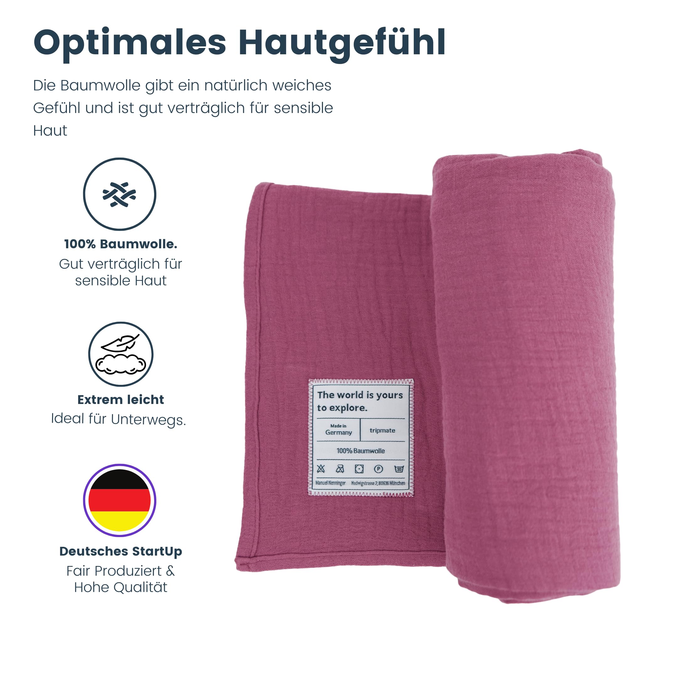 Reisehandtuch - 100% Baumwolle - Oeko-TEX® - Schnelltrocknend - Leichtes Musselin Handtuch - Hergestellt in der EU - ideal für Strand, Sport, Fitness, Sauna, Camping