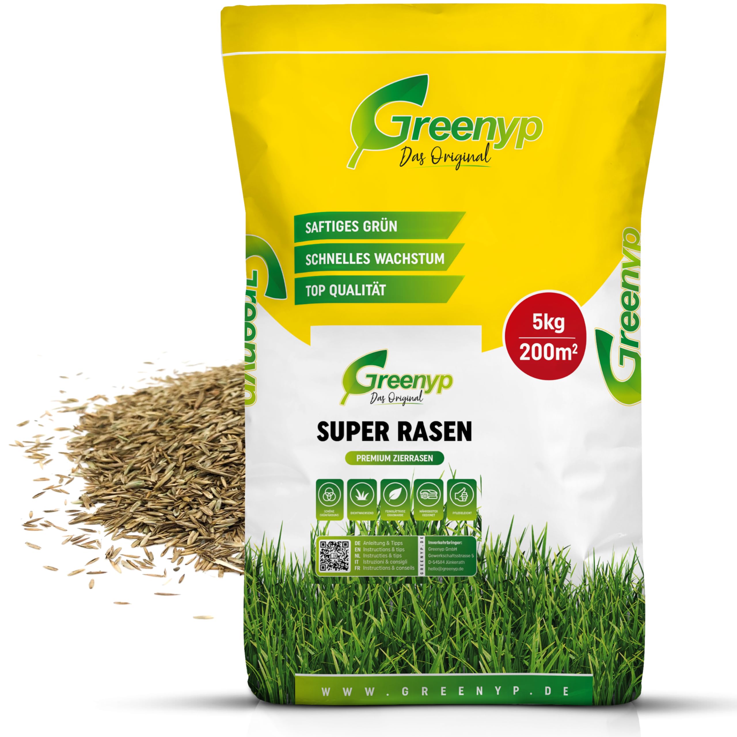 Greenyp® Super Gazon, décoratif, vert luxuriant, de qualité supérieure, semences d'herbe, semences d'herbe particulièrement denses 5 kg pour 200 m²