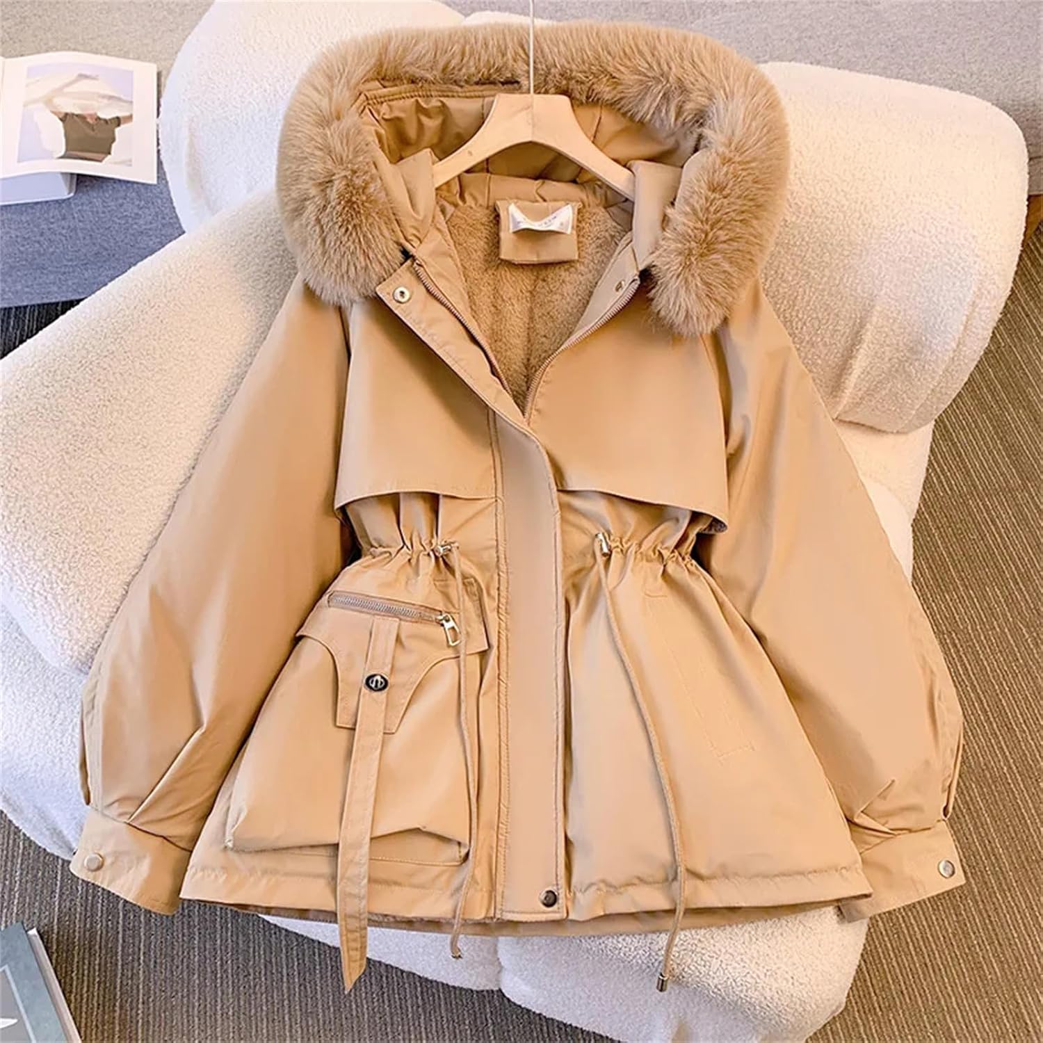Mnjyihy Women Warm Fleece Lined Hood Down Jacket Winter Coat For Drawstring Padded Parkas Casual Puffer Outwear