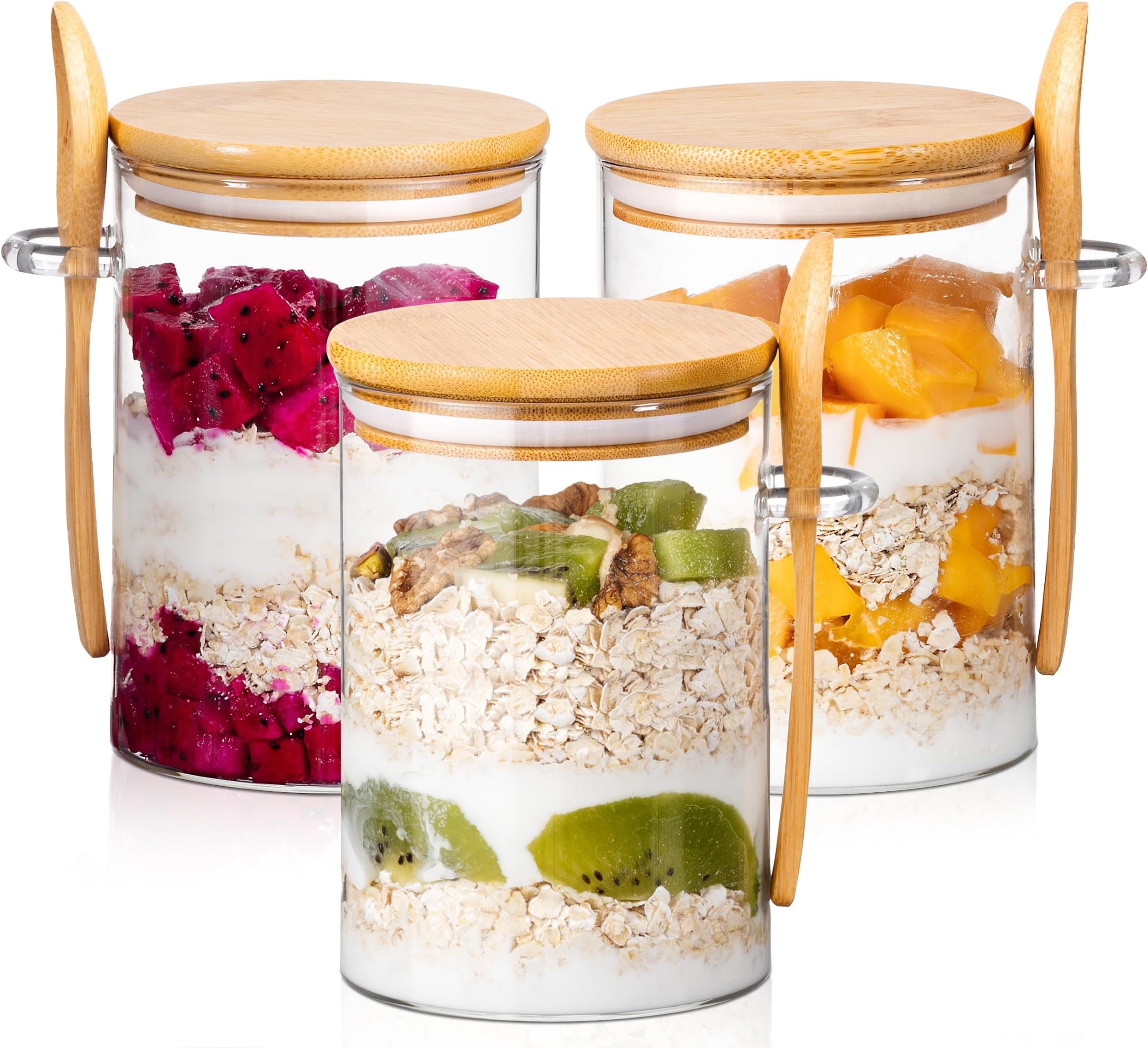 Vorey 6 Pack Overnight Oats Containers with Lids 16 oz Overnight Oats Jars with Glass Jars with Spoon Bamboo Airtight Lid, Kitchen Glass Canisters for Chia Seed Pudding, Yogurt, Salad and Cereal