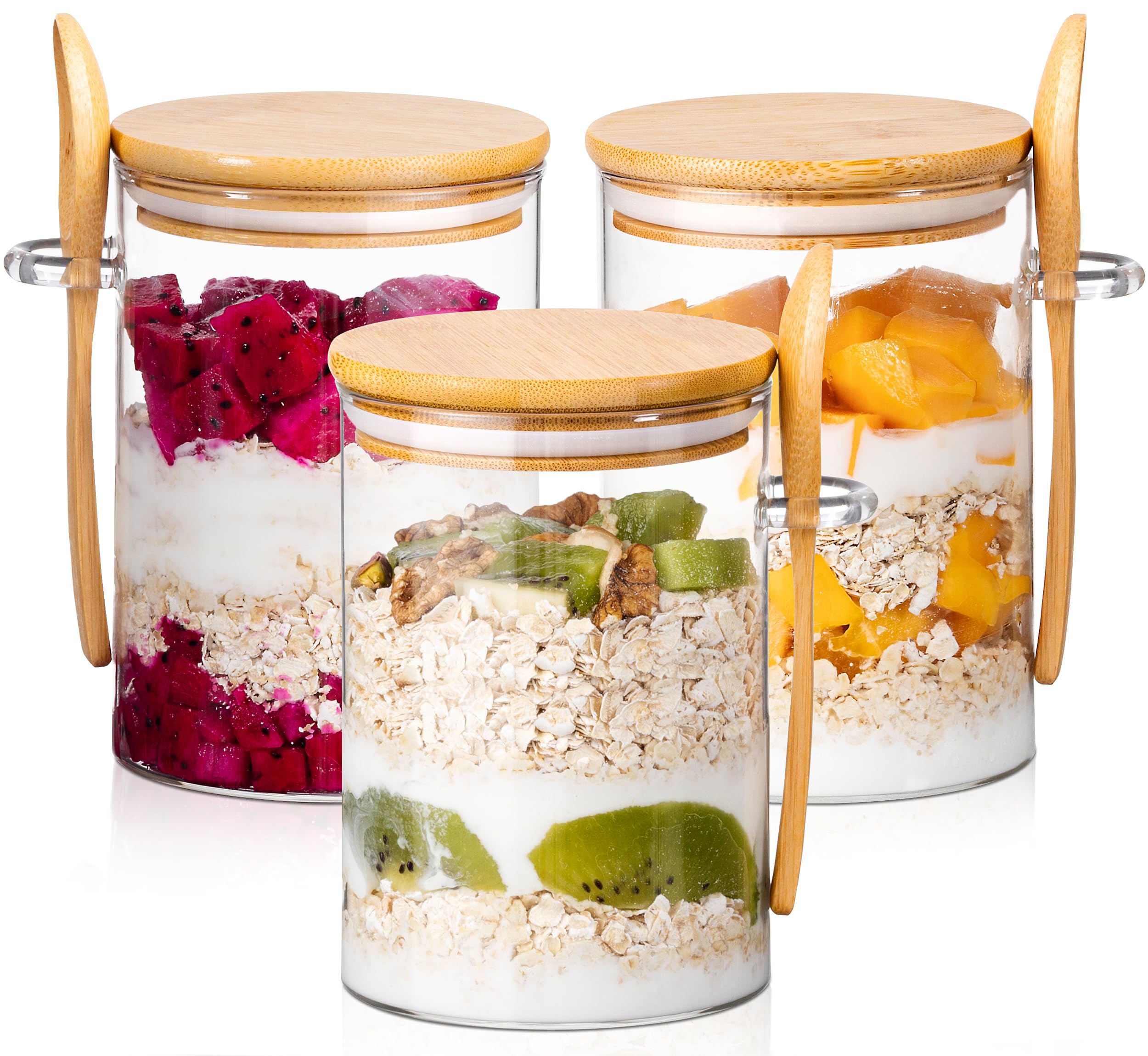 Vorey 6 Pack Overnight Oats Containers with Lids 16 oz Overnight Oats Jars with Glass Jars with Spoon Bamboo Airtight Lid, Kitchen Glass Canisters for Chia Seed Pudding, Yogurt, Salad and Cereal