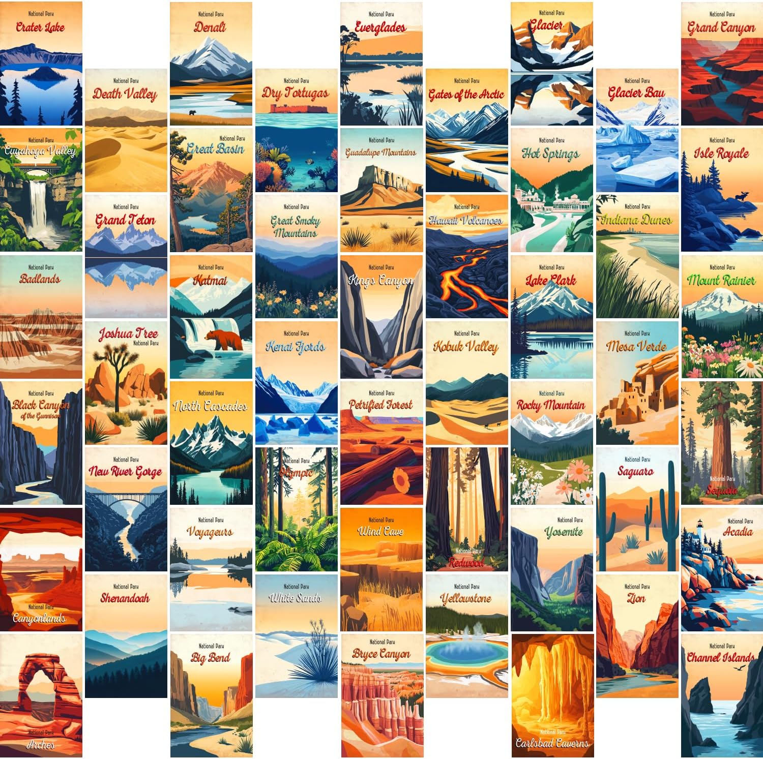 Decovence 50 Pcs National Parks of USA Posters for Room Aesthetic, Vintage Travel Landscape Gifts Collage for Home Man Cave Bedroom Dorm Wall Decor, Unframed Wall Art Print Poster Set of 50 (4” x 6”)