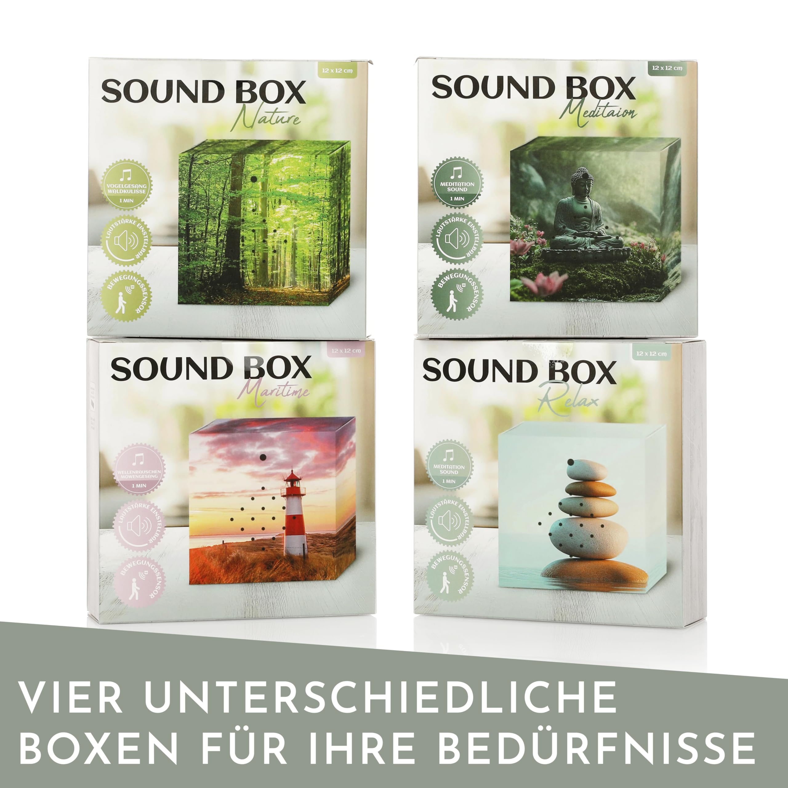 Nordstern Caja de sonido con sonidos meditativos para relajación y tranquilidad, caja de música con sensor de movimiento y control de volumen, 12 x 12 cm
