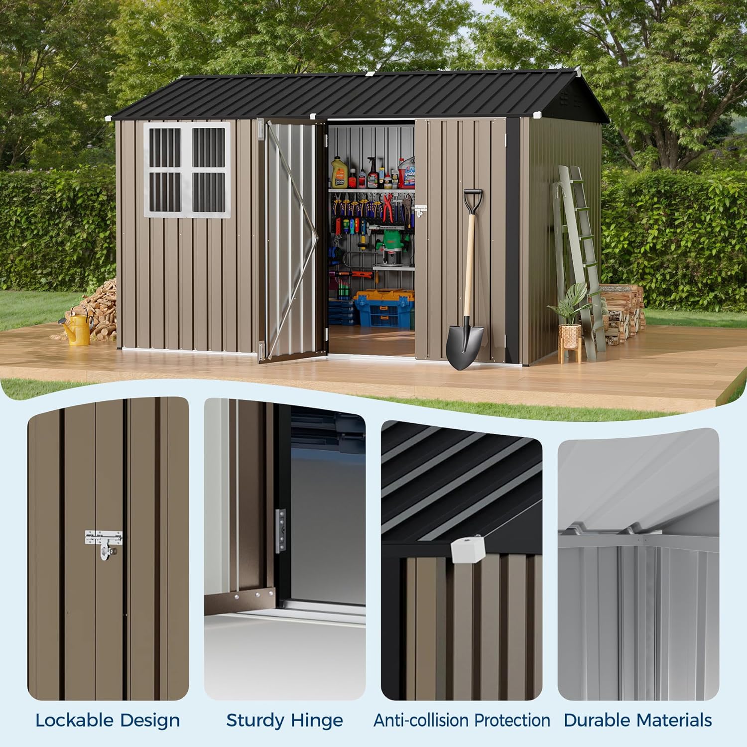 Open shed door revealing organized interior with tools and shelves
