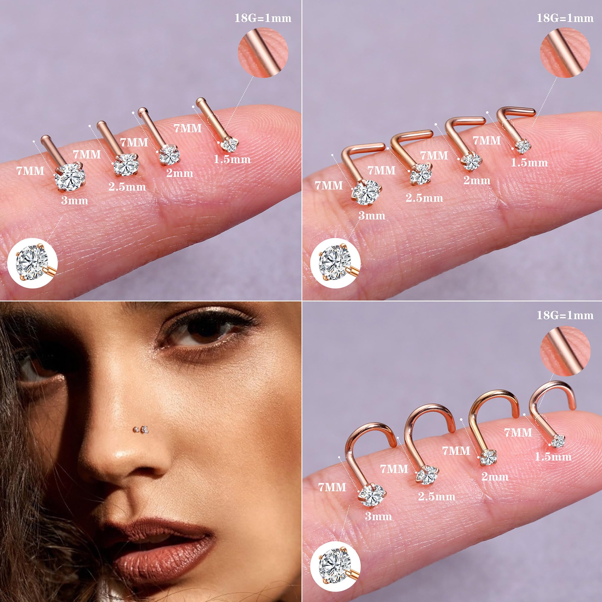 LOYALLOOK 18Pcs Nose Rings Studs - 316L Surgical Steel Gold Nose Studs Double Hoop Nose Ring for Women Men 18G/20G Nose Rings Stud Hypoallergenic Nose/Body Piercing Jewelry 1.5mm 2mm 2.5mm 3mm CZ: Rose Gold-18G