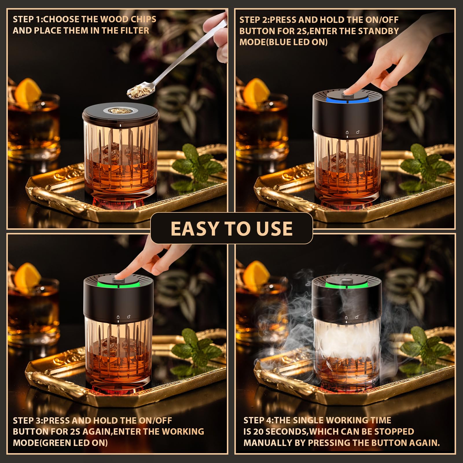 iDiskk Kit ahumador de cócteles eléctrico, ahumador de whisky recargable, encendedor incorporado, 6 astillas de madera para bebidas Old Fashioned, Bourbon, whisky, regalo original para hombres