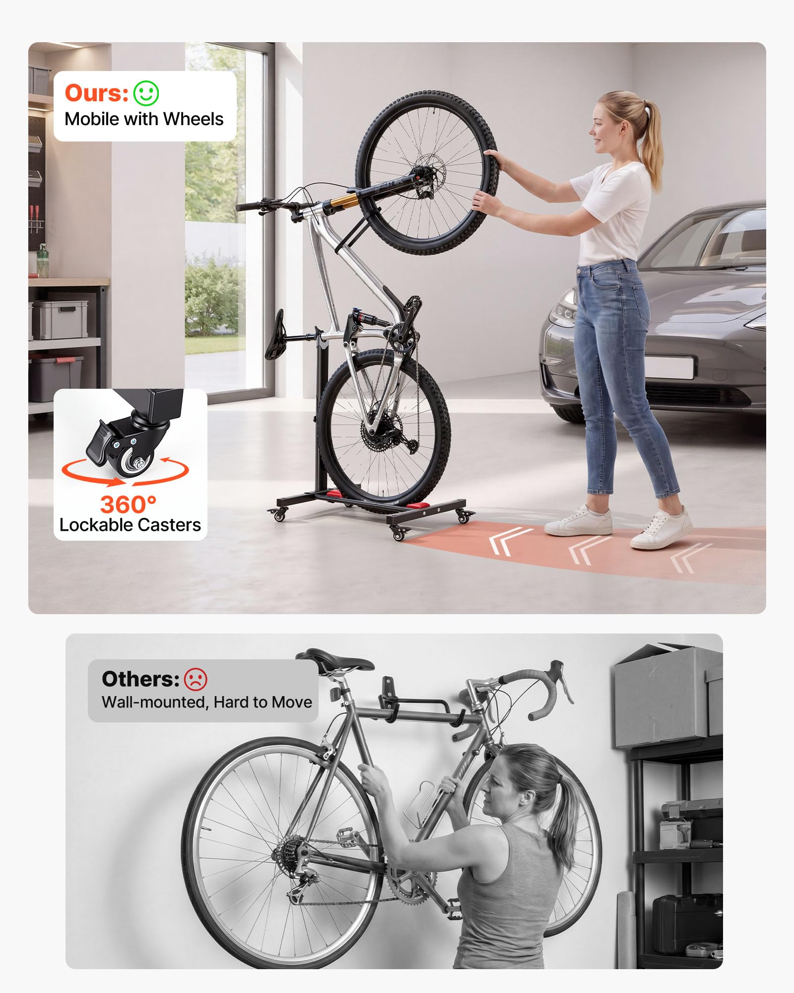 VEVOR Soporte para Bicicleta de Acero con Ruedas 360°, Altura Ajustable, Portabicicletas Independiente con Bloqueo, Uso Vertical y Horizontal para Ruedas de 20 a 29 Pulgadas (508 a 737 mm), Juego de 2
