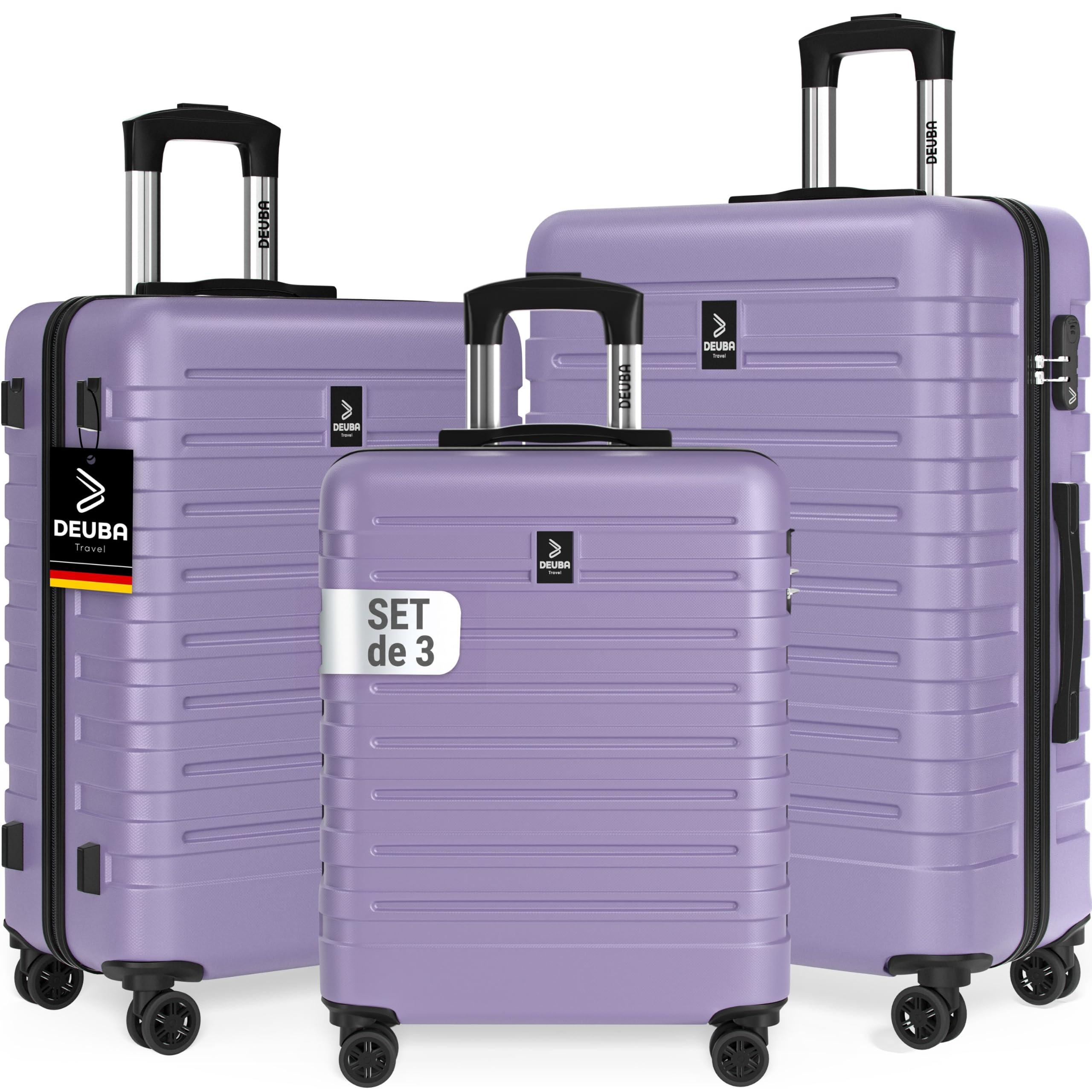 DEUBA® Juego de Maletas de Viaje Rígidas ABS 3 Piezas Asa Telescópica Correas Compartimientos Resistente Trolley Ruedas 360° Cerradura Combinación Apilables Lila Pastel