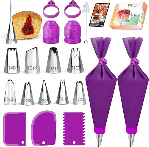 RFAQK Juego de 30 bolsas de tuberías y puntas con libro electrónico  Kit de tuberías de glaseado con 10 puntas de tubería, 10 bolsas de pastelería,