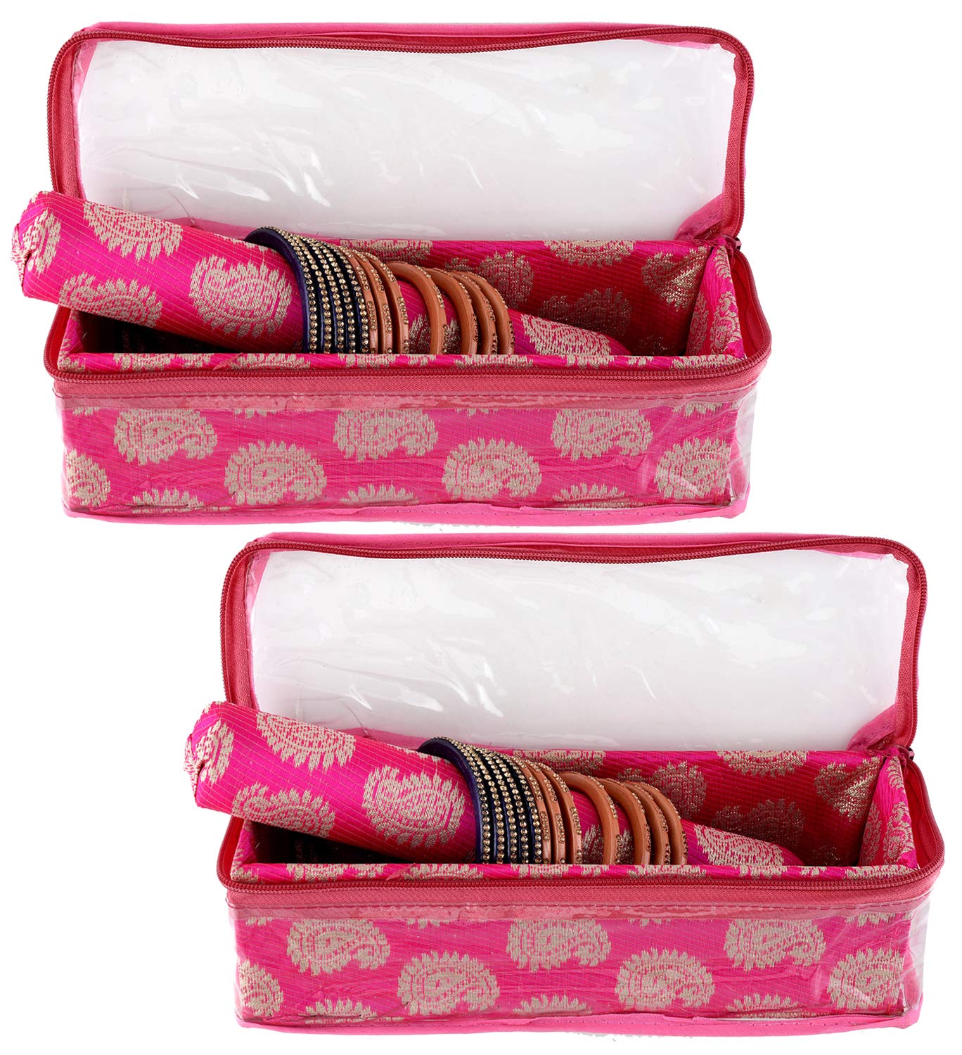 Kuber Industries Carry Design Brocade Hardboard 2 Pieces One Rod Bangle Box (Pink) -CTKTC38787