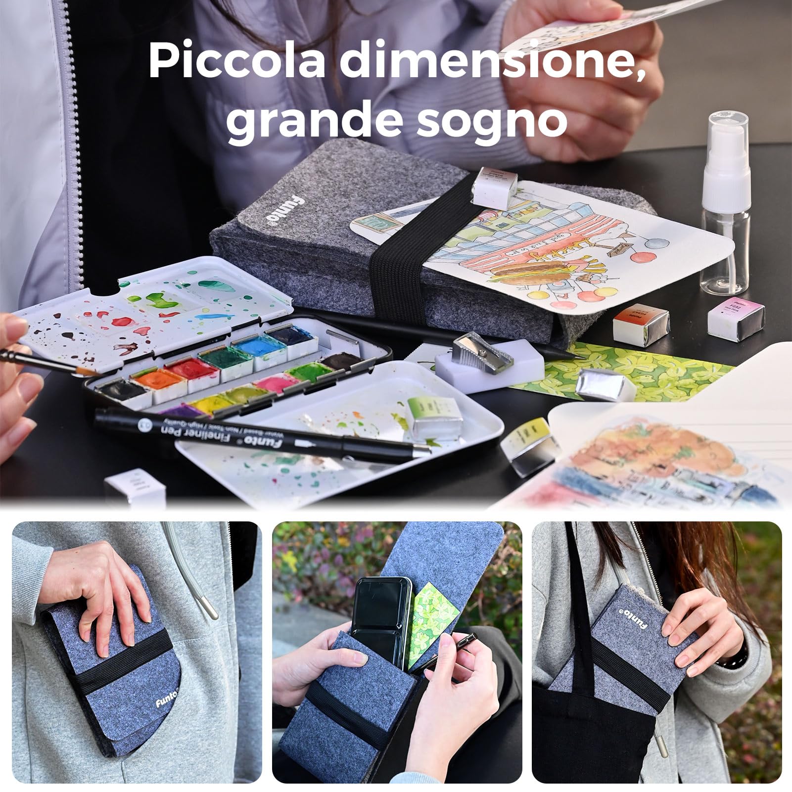 Funto Set da Viaggio Acquerello Premium - 12 Colori, 10 Cartoline, Pennello da Viaggio, Penna Pennello ad Acqua, Fineliner - Set di Pittura per Adulti