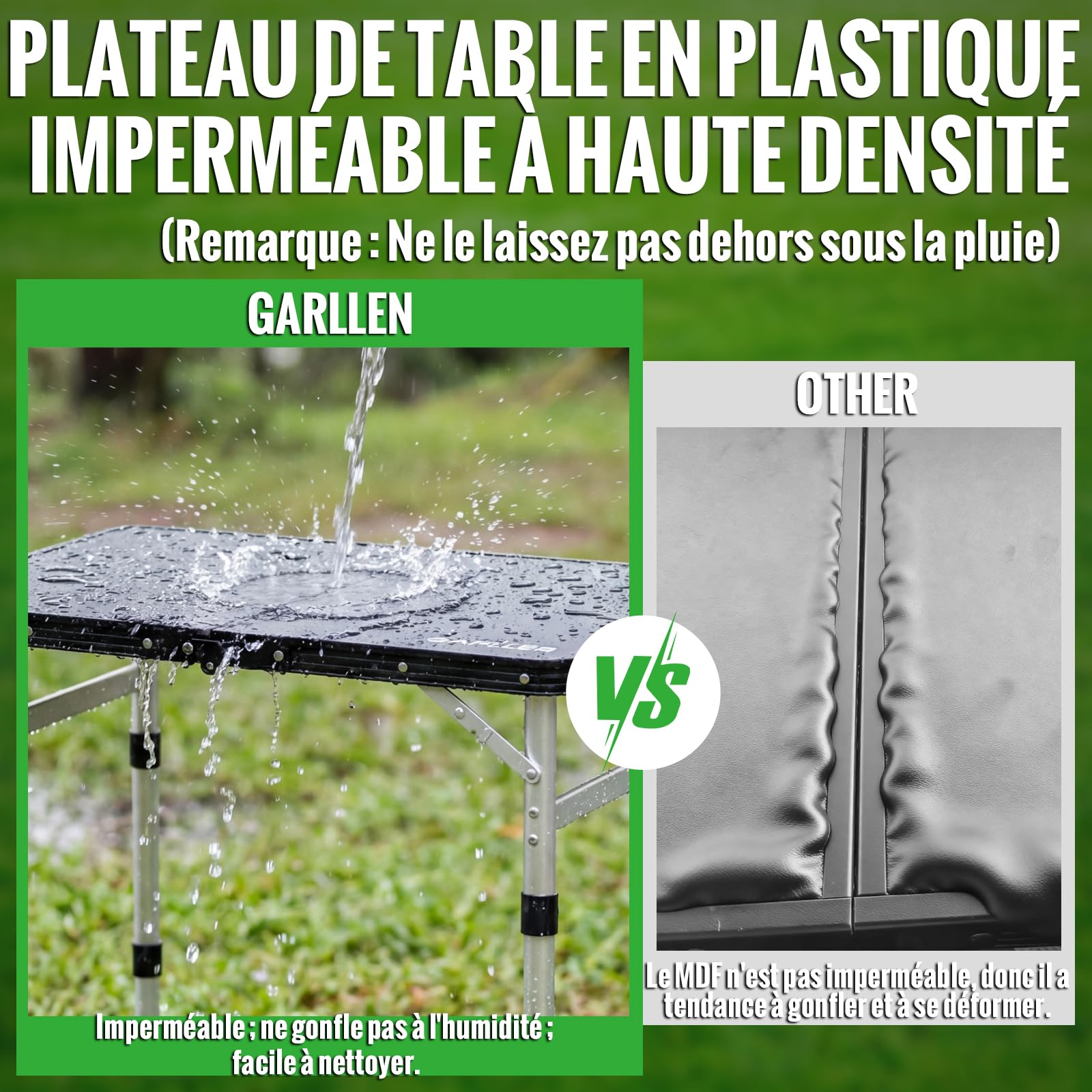 GARLLEN Table de Camping avec Dessus de Table en Plastique Haute densité imperméable, Table de Pique-Nique Portable en Hauteur réglable avec Cadre en Aluminium, Table d'extérieur pour Barbecue | Table Pliante Exterieur à 3 Hauteurs Réglables,Table de Piqu