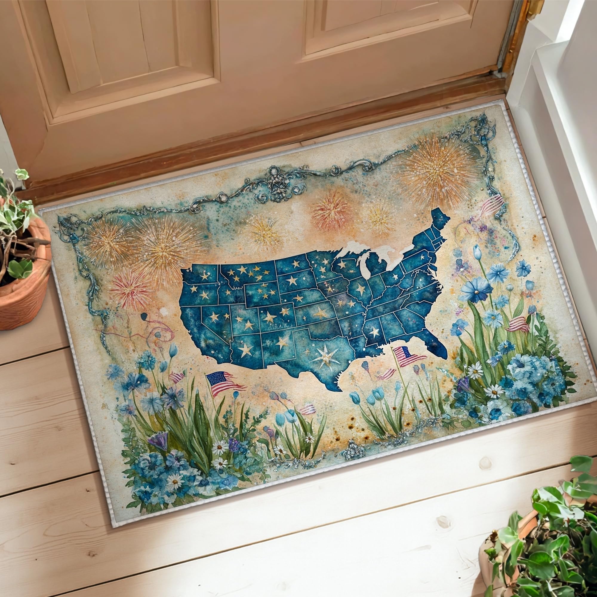 Tapis anti-tache pour entrée propre tapis bleu 60x90 lavable étoiles et fleurs
