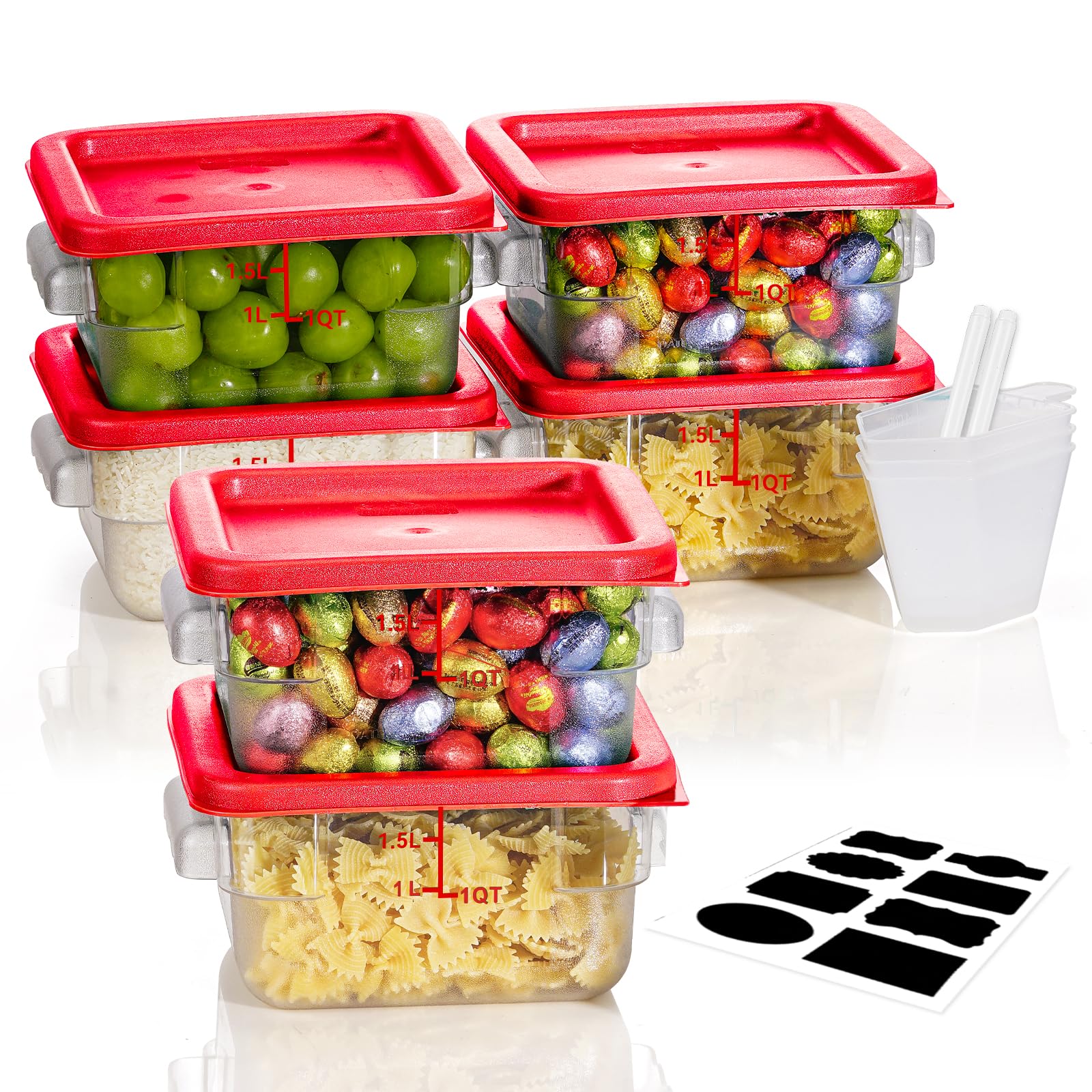 2QT 6PCS NSF Commercial Clear Food Storage Containers with Lids(RED)