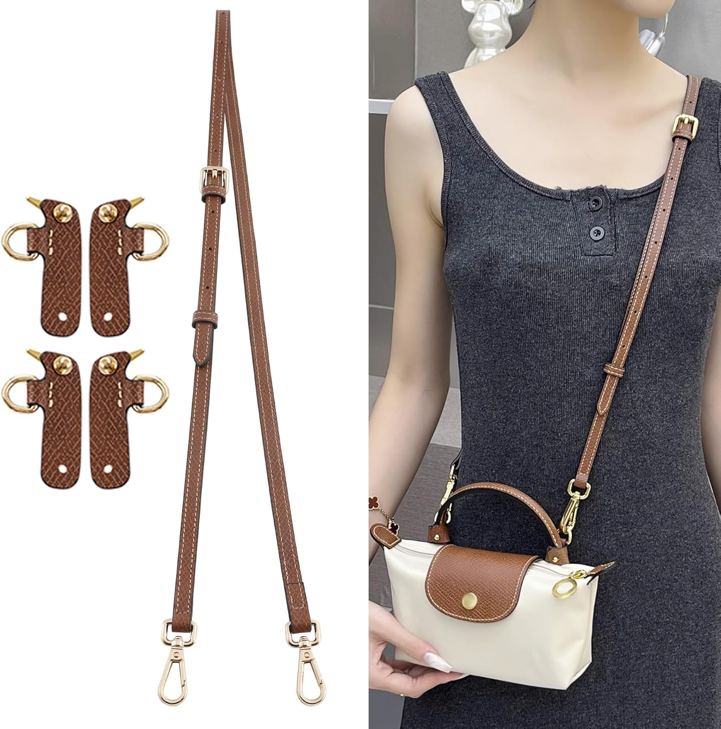 14.4in Woven Purse Strap Replacement for Handbags, Handmade Handheld Straps for Mini Small Handbags, Premium Leather & Fabrics Bag Straps for Women Bags, Brown
