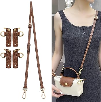 Purse Straps Replacement Crossbody for Longchamp Mini Pouch, Anti-Slip Leather Shoulder Strap for Bags, 37-48" Adjustable Long Champ Mini Bag StrapBrown-gold