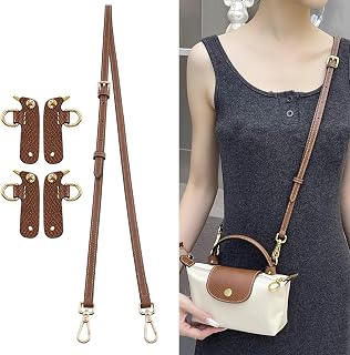 4 Clasps Leather Shoulder Strap for Longchamp Le Pliage Mini Pouch | Anti-Slip Long champ mini Bag Strap Kit, Adustable 37-48" Crossbody, 0.43" Thin Wide, Premium Non-Slip Metal Buckles, Brown