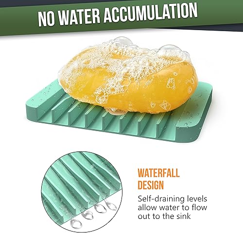 Miniatura 3 de ZAPPOWARE - Juego de 2 jaboneras de silicona con drenaje, soporte para jabón en barra (verde claro) para ducha y lavabo de baño, bandeja