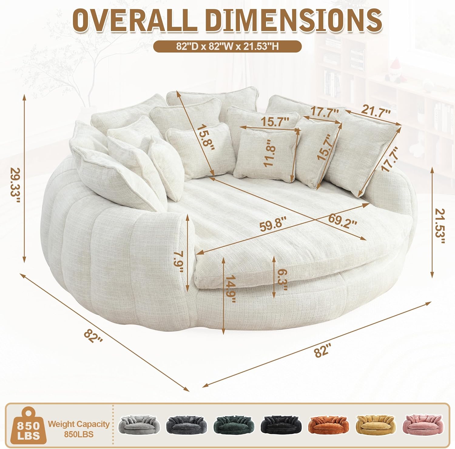 81.1" Cloud Couch Sleeper Sofa, Oversized Round Chaise Lounge Chair Indoor, Modern Chenille Boneless Couch with 14 Pillows, Upholstered Barrel Daybed, Memory Foam Sofas for Living Room, Beige