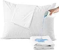 Vista 7 de Paquete de 4 protectores de almohada de tela de toalla de algodón, tamaño Queen, impermeables 100 %, cremallera, blancos, lavables, larga vida útil
