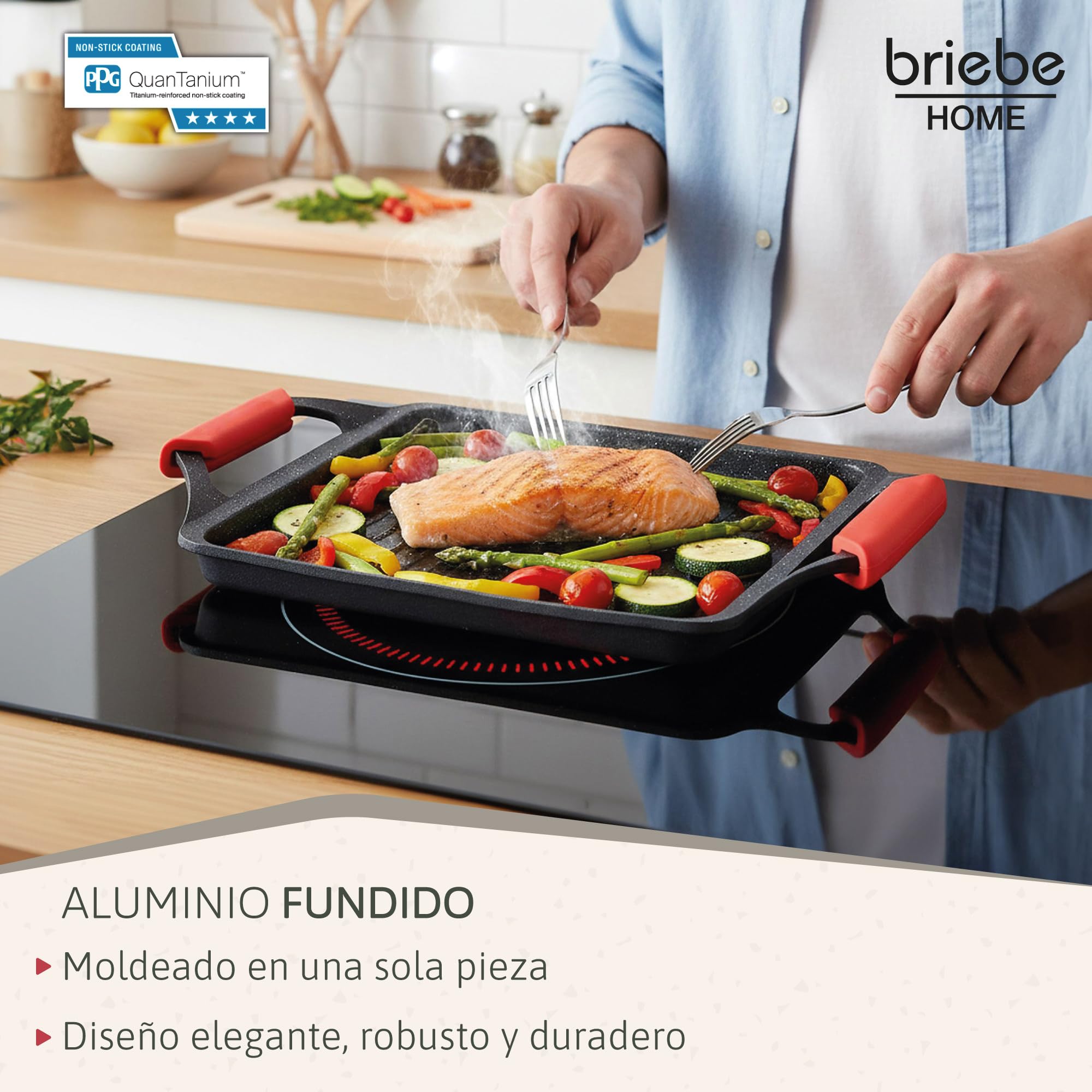 briebe Black Titanium Plancha Cocina Inducción Asar, Antiadherente Titanio, Aluminio Fundido, Bandeja Asadora 43x25cm, Recubrimiento sin PFOA, Asas Silicona, Vitrocerámica, Gas, Horno