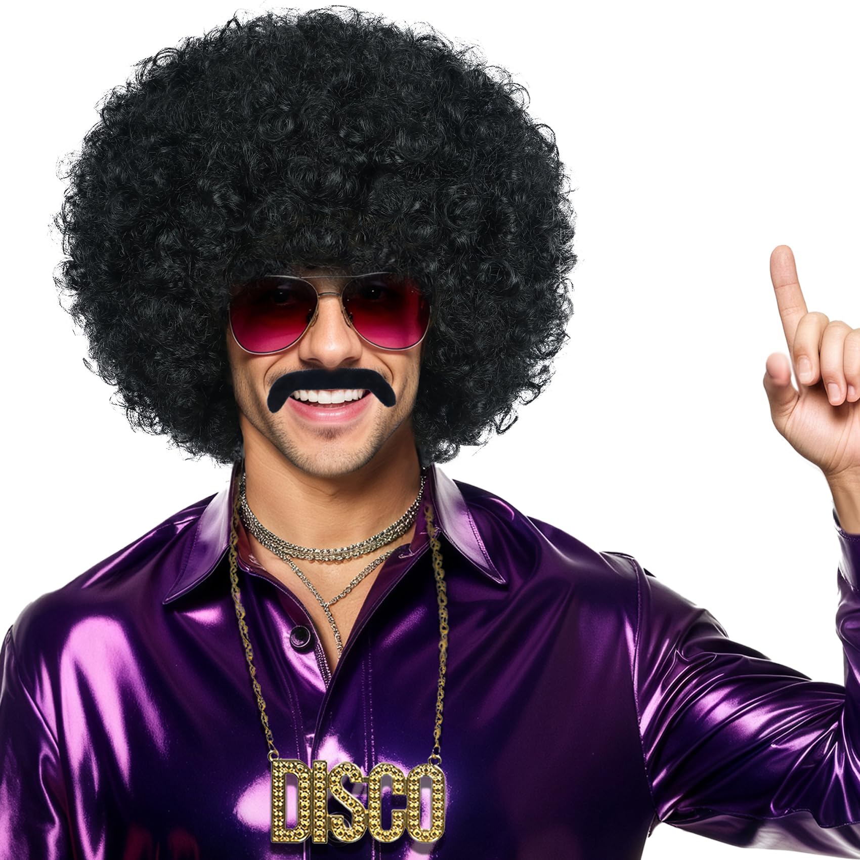 VGbeaty Men Short Wave Black Wig with Glasses and Mustache and Gold Necklace Afro 70s 80s Disco Wig Heat Resistant Synthetic Fiber Soft Durable Breathable Cap for Halloween Costume Party - Image 2