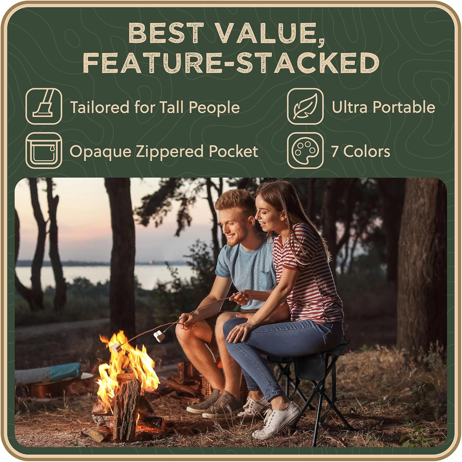 Foldable Tripod Stool - Ultra Portable Seat for Tall People, 20” High - Hunting Chair & Hidden Zippered Pocket - 2 lb Camping Stool, 3 Legged Strong Steel Stool Holds up to 200 lb (Black)