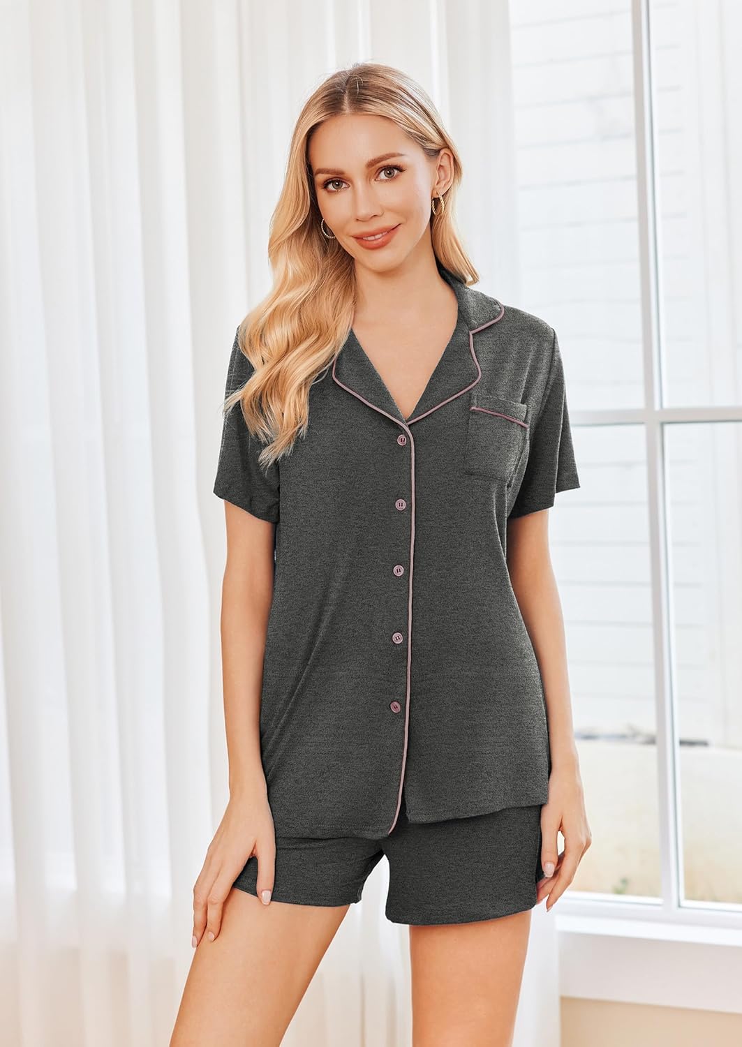 Ekouaer Womens Pajamas Set 2 Pack Button Down Summer Sleepwear Short Sleeve Comfy Pjs Loungewear Set - Image 4