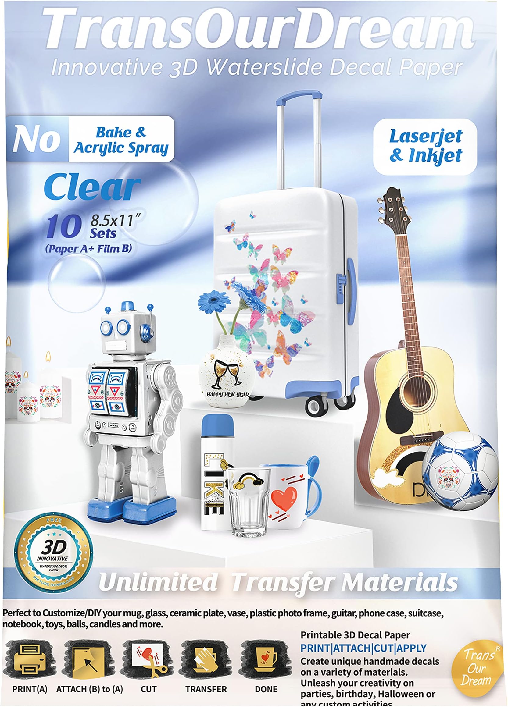 Hayes Paper, Waterslide Decal Paper INKJET CLEAR 20 Sheets Premium Water Slide Transfer Transparent Printable Water Slide Decals A4 Size