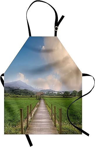 Ambesonne Country Apron, Rural Scenery with Wooden Path and House under Cloudy Sky Mountain Serenity Nature, Unisex Kitchen Bib Apron with