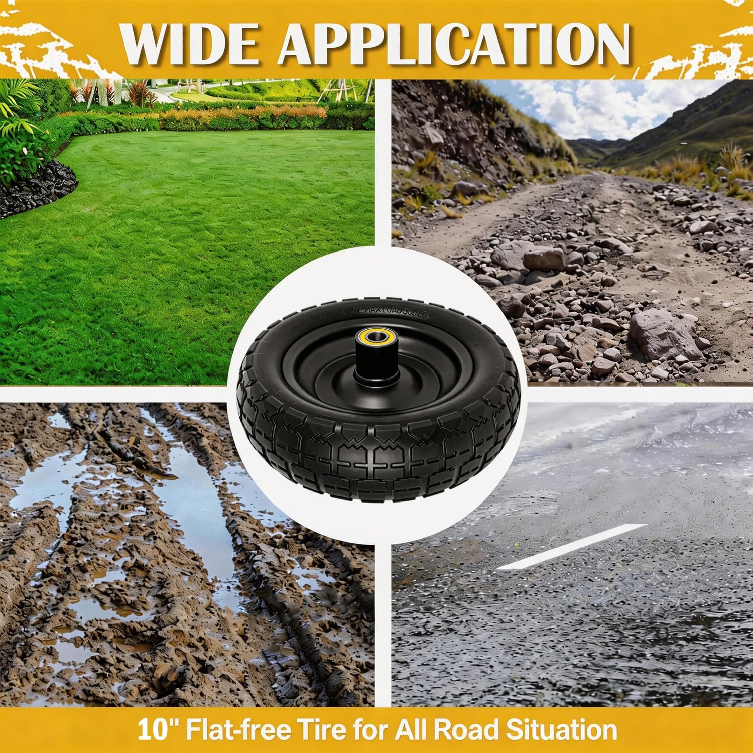 10" G orilla Cart Tires Flat Free, 300LB Capacity, with 5/8" Axle Bore Hole, 2.2" Offset Hub, Solid Rubber Tire for GOR Garden Cart, Trolleys, Hand Trucks, Yard Trailers, 4 Pack