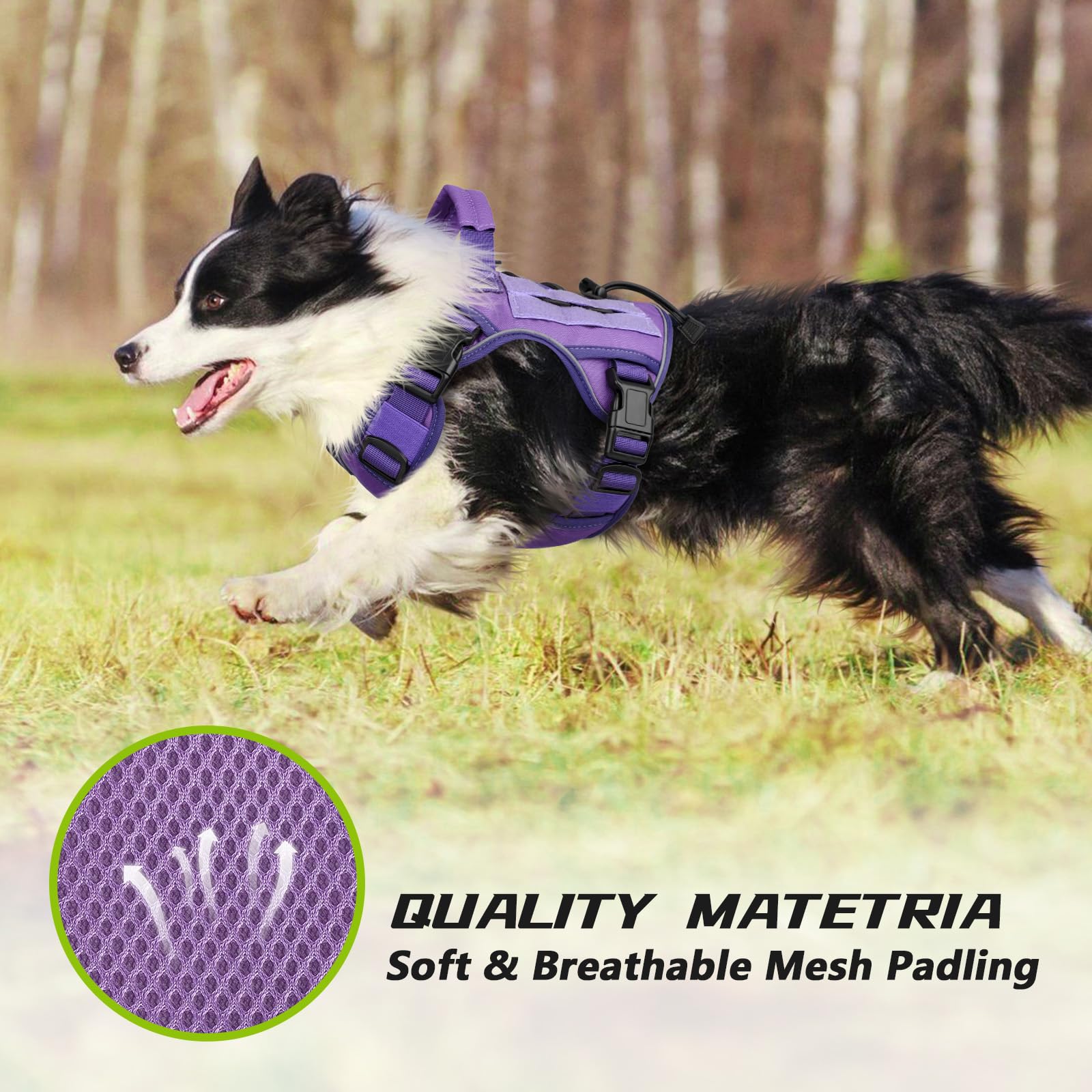 WINGOIN Arnés táctico morado para perros pequeños, sin tirones, ajustable, reflectante, K9, arnés militar para perros con asa para caminar, senderismo, entrenamiento (S)