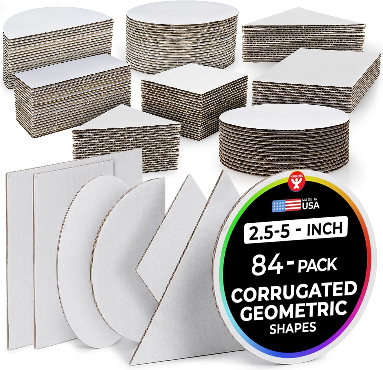 Hygloss Products Corrugated Geometric Shapes Ideal Arts and Crafts-Good for Home or Class-STEM Activity for Kids-Educational-Assorted-84 Pack, White