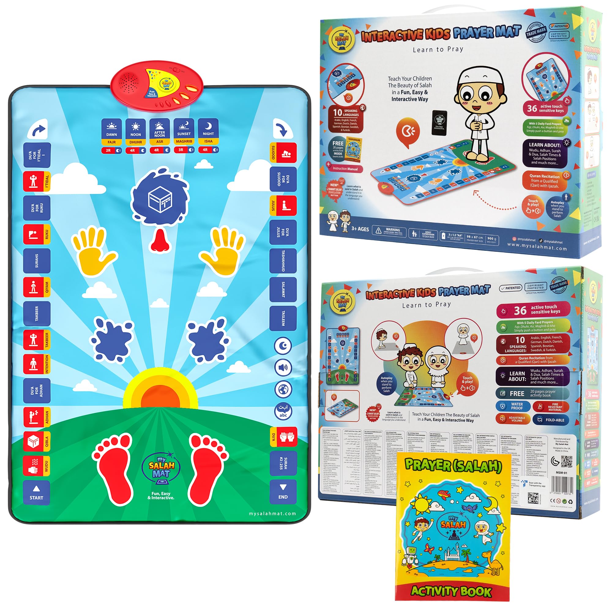 My Salah Mat for Kids - Smart Interactive Prayer Mat for Kids Learning the Salah - Fun & Easy Prayer Rug with 36 Touch Keys, 15 Languages, Speaker, & Booklets - Islamic Toys for Ages 3 to 8