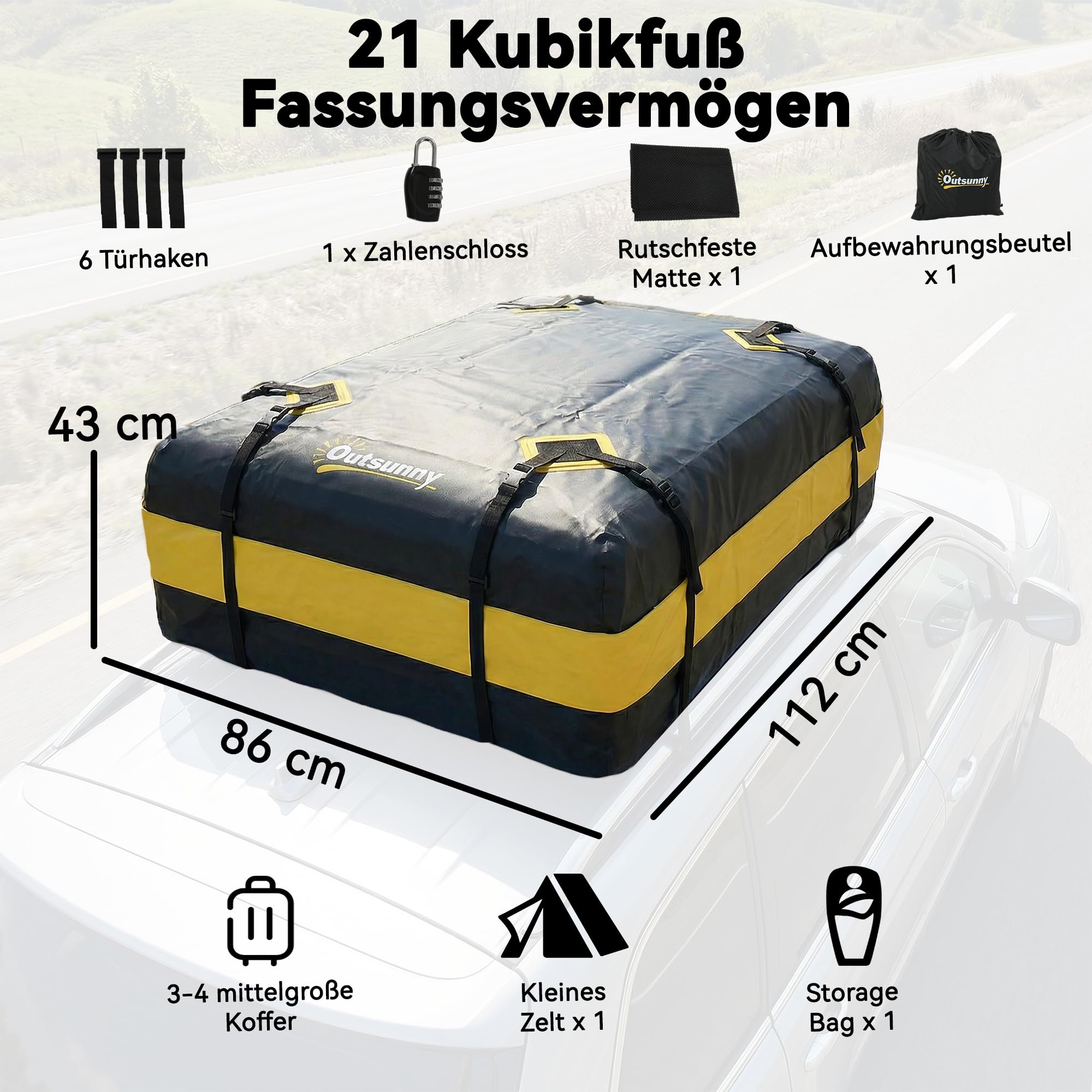 Outsunny Dachbox Auto 425L Wasserdicht 8 Verstärkte Gurte Türhaken Gelb | Dachgepäckträger Tasche, für alle Fahrzeugdächer mit/ohne Gepäckträger, Gepäckbox, Rutsch-Matte