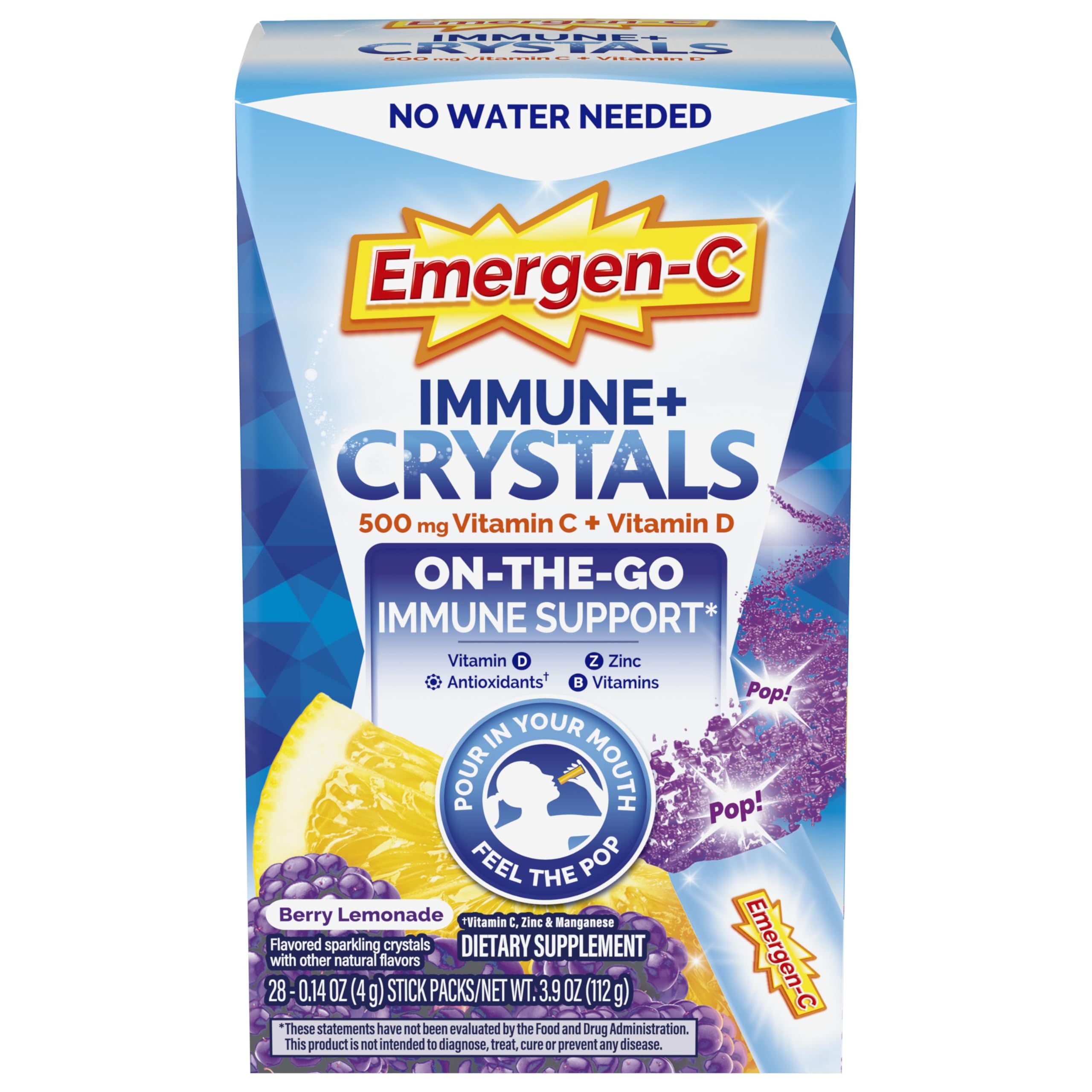 Emergen-CImmune Plus Crystals, On-The-Go Immune Support Supplement with Vitamin C, Vitamin D, B Vitamins, Zinc and Manganese, Berry Lemonade, Back to School Essentials - 28 Stick Packs