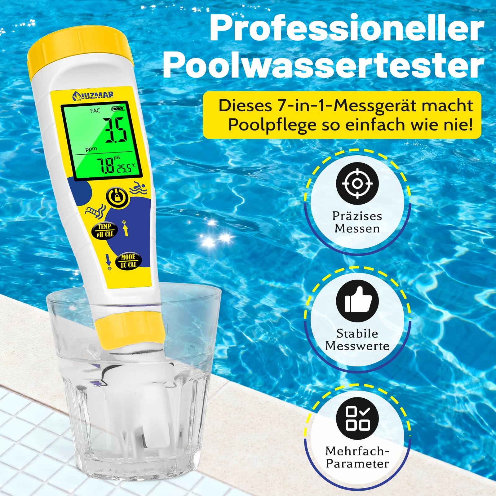 UIUZMAR pH Wert und Chlor Messgerät Pool, 7-in-1 pH Salzgehalt EC TDS ORP Messgerät für Hydroponik Aquarium