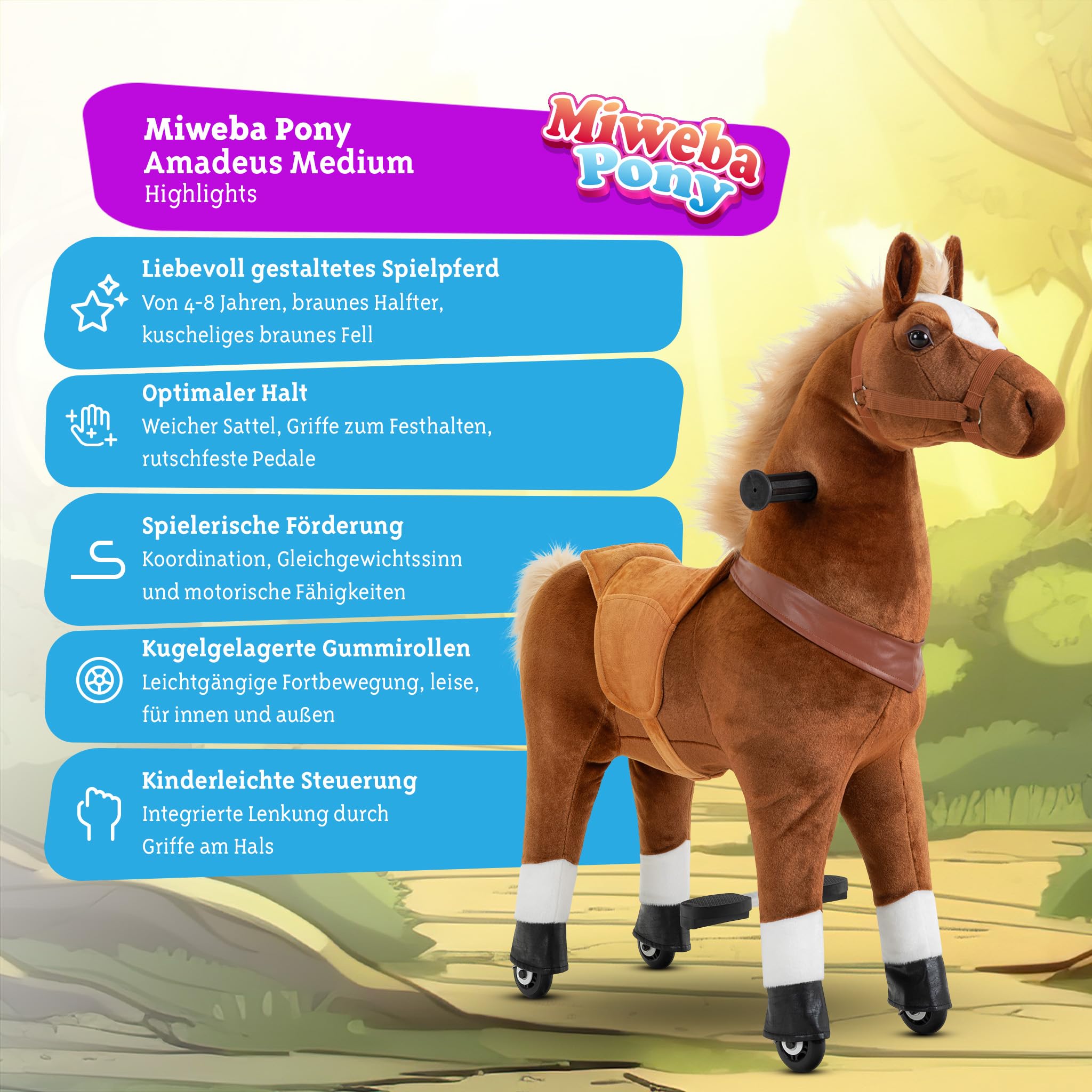 Miweba Pony Amadeus | Reitpferd auf Rollen - Pferd für Kinder - Schaukelpferd - Schaukeltier - Kuscheltier - Spielpferd zum Reiten - Plüschtier - Stofftier - Stehpferd - 4-8 Jahre (Medium)