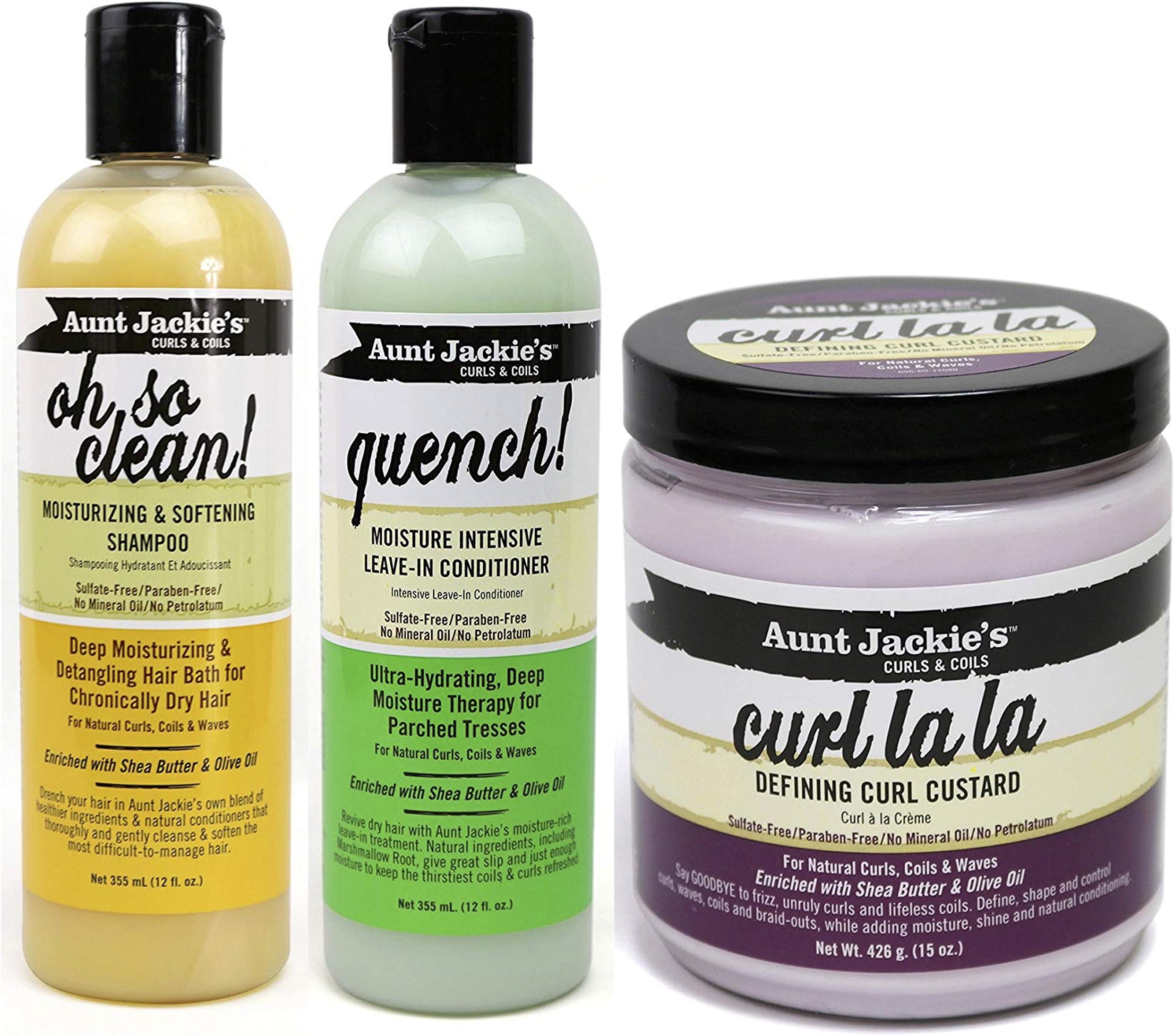 Aunt Jackies Curls & Coils TRIO BUNDLE |Oh So Clean Shampoo 355ml | Curl La La Defining Curl Custard 426 g | Quench Moisture Intensive Leave In Conditioner 355 ml