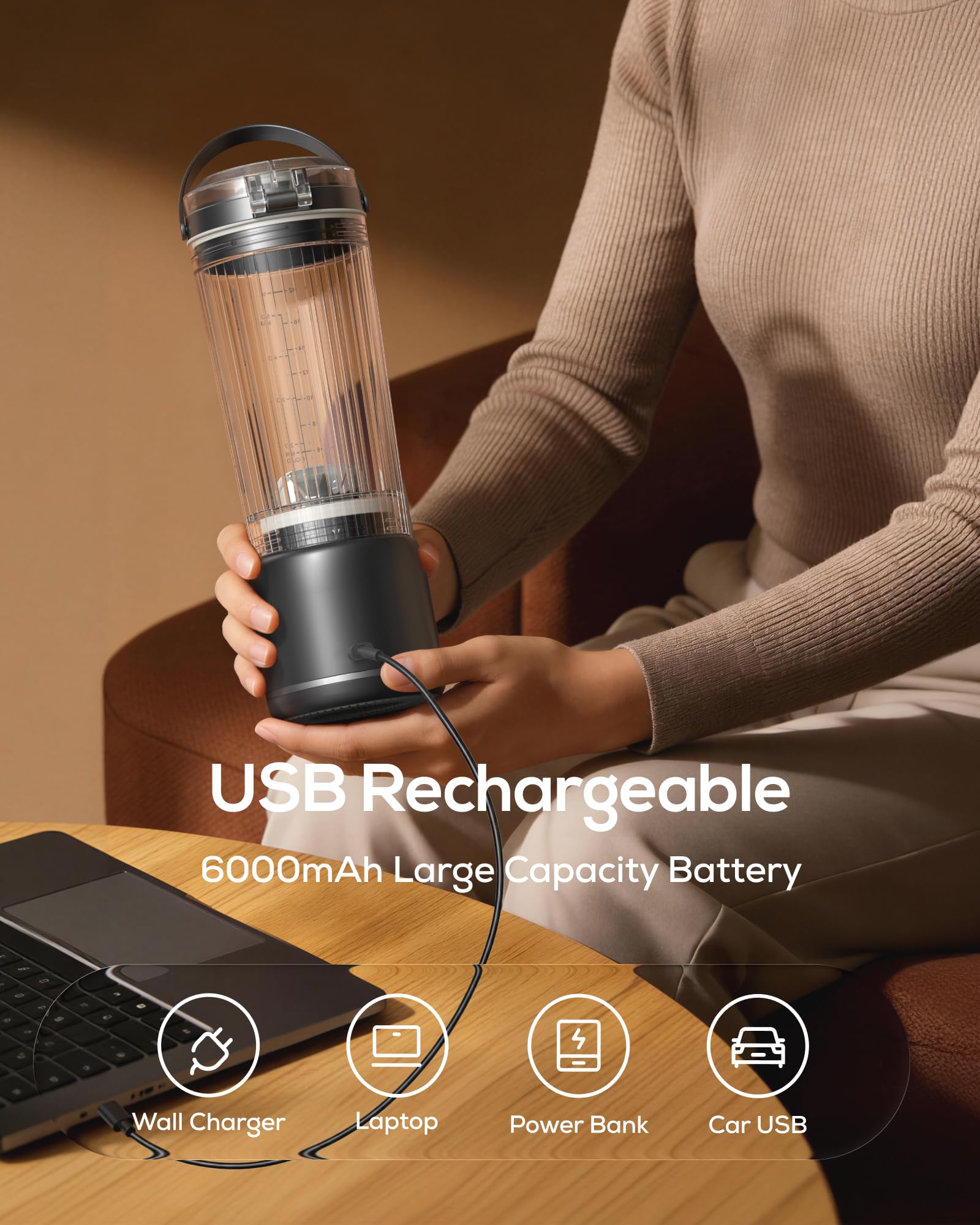 Sangcon Blender Portable 500ml, Mixeur Smoothie USB Rechargeable, Mini Blender pour Fitness, Bureau & Voyage, Blender Personnel 6 Lames & 2 Modes, Mixe Glace & Fruits Surgelés, Noir