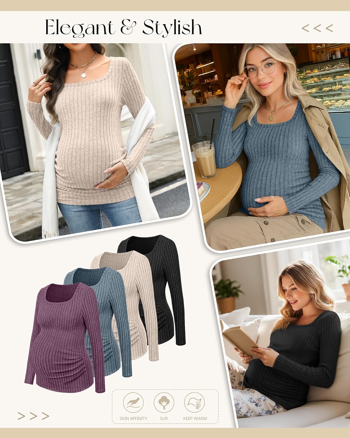 4 Pack Women's Maternity Ribbed Shirts Long Sleeve Square Neck Sweaters Casual Slim Side Ruched Pregnancy Clothes - Image 2